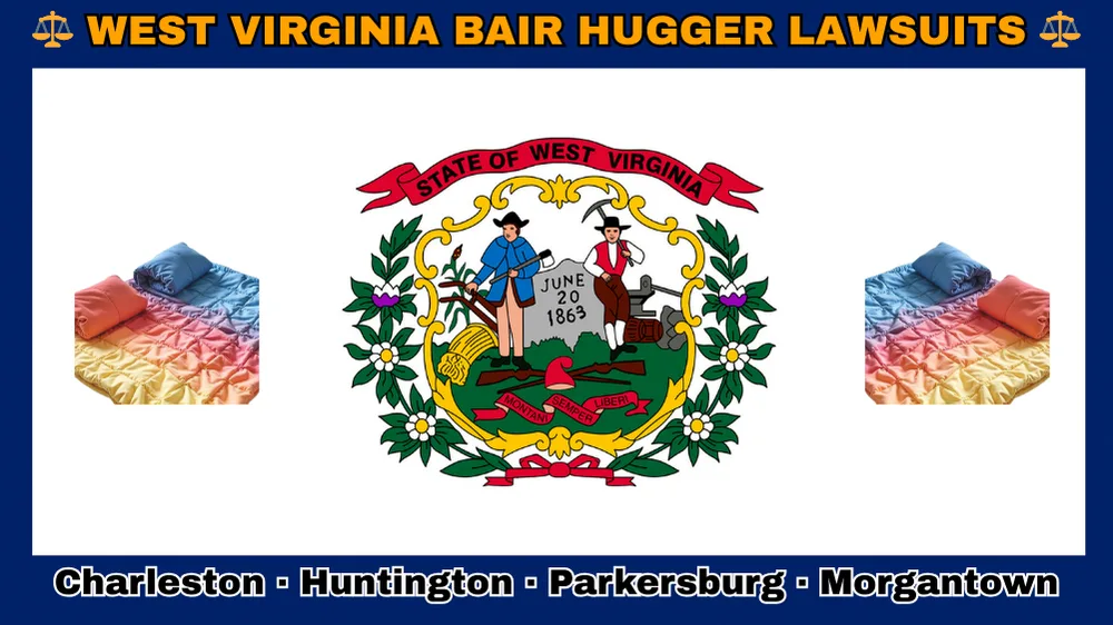 WEST VIRGINIA BAIR HUGGER LAWSUITS: Charleston, Huntington, Parkersburg, and Morgantown text on WV state flag adorned with warming blankets depicted on a white field with blue border near the official seal encircled by rhododendrons