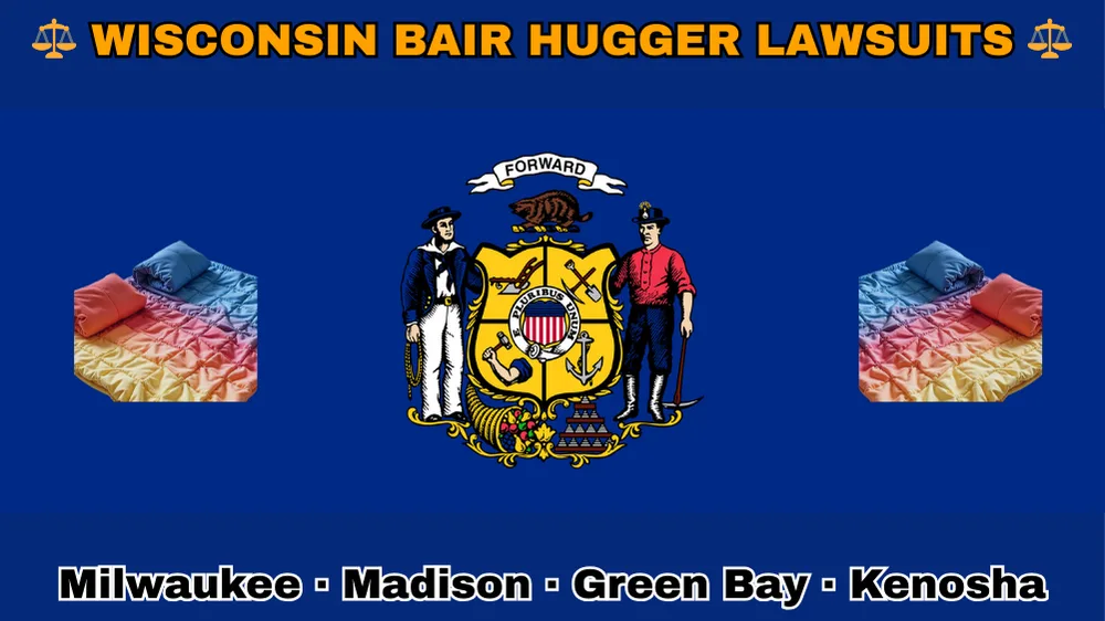 WISCONSIN BAIR HUGGER LAWSUITS: Milwaukee, Madison, Green Bay, and Kenosha text on WI state flag adorned with warming blankets depicted near a sailor and miner flanking a shield featuring agriculture, mining, manufacturing, and navigation, a badger above, and a cornucopia and lead ingot.