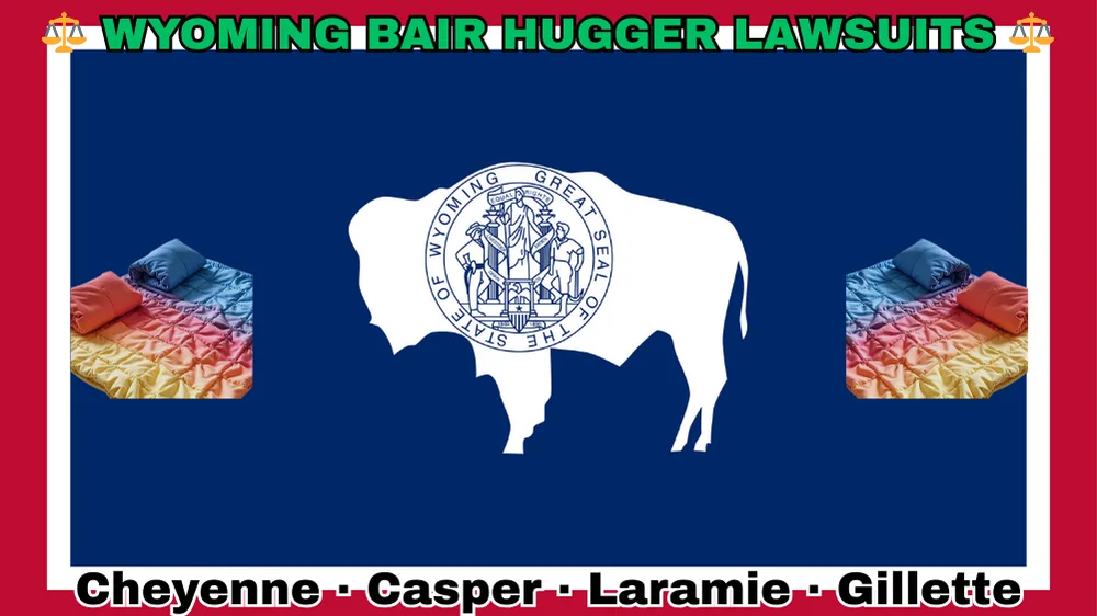 WYOMING BAIR HUGGER LAWSUITS: Cheyenne, Casper, Laramie, and Gillette text on WY state flag adorned with warming blankets depicted on a blue field bordered in white and red near a white bison bearing the official seal.